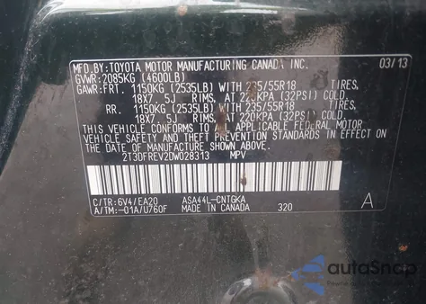 2013 Toyota Rav4 Limited z USA, uszkodzony, nr VIN 2T3DFREV2DW028313